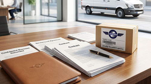 Bürotisch mit Verträgen und Kurierpaket, Lieferwagen im Hintergrund.