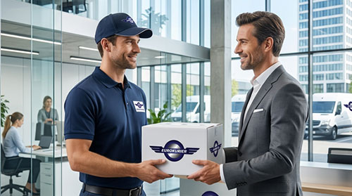 Kurier übergibt Eurokurier-Paket an Geschäftsmann im Büro, Lieferwagen draußen